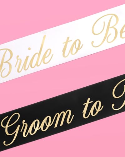 Bride and Groom Sash Set - Black & White Satin with Gold Foil