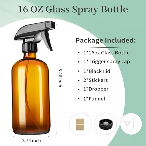 16oz Amber Glass Spray Bottles with Adjustable Nozzle - Refillable Cleaning and Essential Oil Sprays
