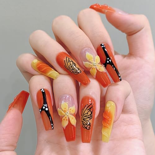 Hand-Painted Orange Press-On Nails with 3D Flowers & Butterflies - Size S