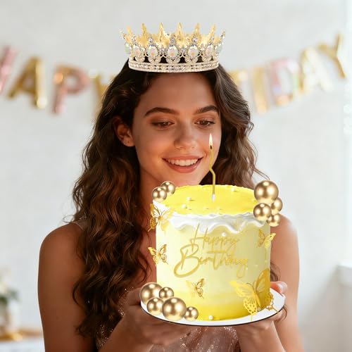 Gold Crown Happy Birthday Cake Topper Set with Butterflies & Candles