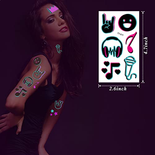 Konsait 10 Sheets Glow in the Dark Temporary Tattoos - Music Notes & Neon Designs