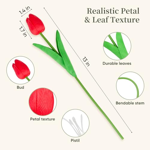 13" Red Artificial Tulips - Realistic Faux Flowers for Home Decor