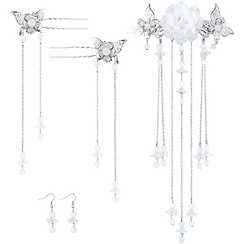 Silver 5Pcs Chinese Hair Stick Pins Set with Butterflies & Tassels