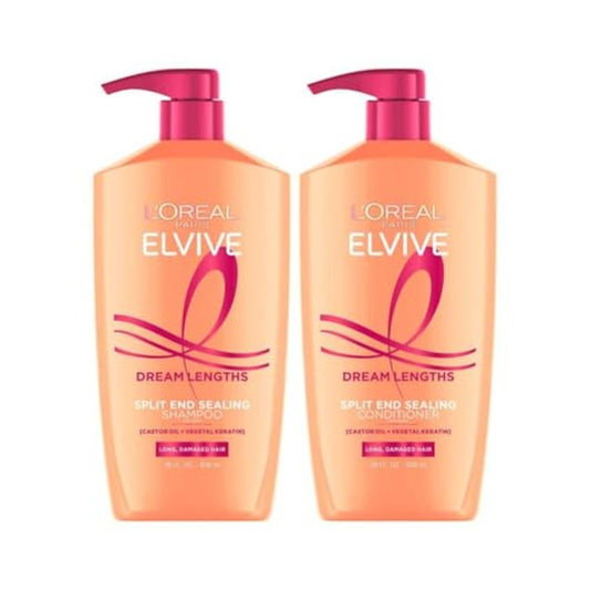 L'Oreal Paris Elvive Dream Lengths Shampoo and Conditioner Set, Seals Split Ends, Hydrating & Strengthening Hair Repair, Fine Castor Oil and Vitamins B3 and B5, 56 Fl Oz Set