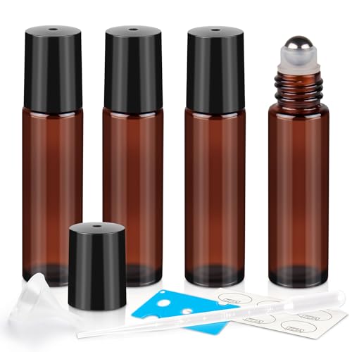 10ml Amber Roller Bottles for Essential Oils - 4 Pack with Stainless Steel Balls