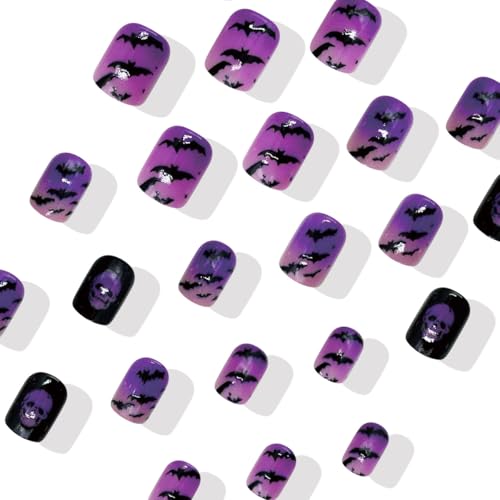 Tyemp WS02 Halloween Short Square Fake Nails with Skull & Bat Design, 24Pcs