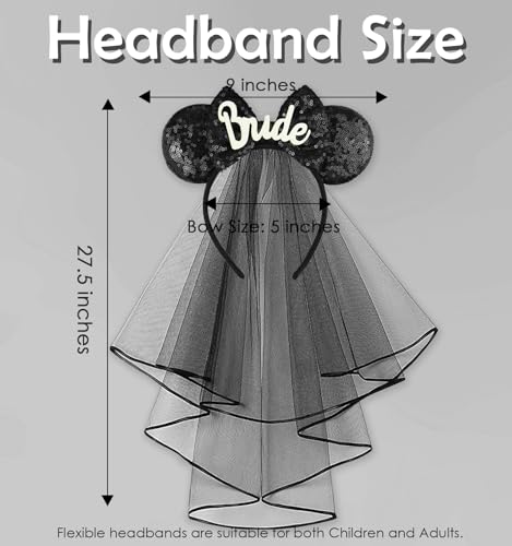 LIHELEI Black Bridal Mouse Ear Headband with Veil for Halloween Bachelorette Party Women Girls