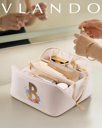 VLANDO Initial Makeup Bag with Brush Pouch - Personalized PU Leather Case