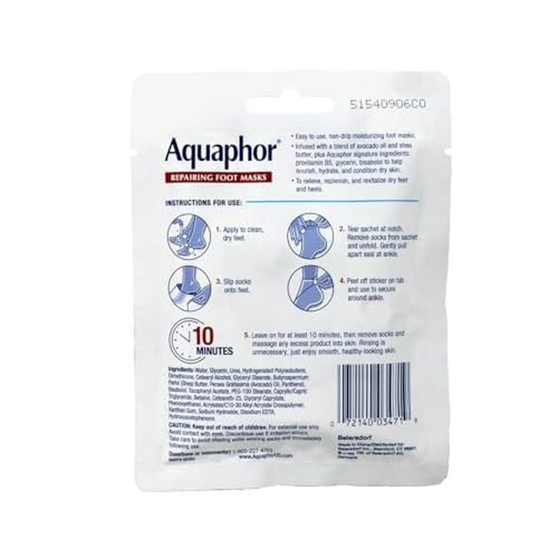Aquaphor Repairing Foot Masks, Moisturizing Socks for Dry Feet, Hydrating Foot Care Treatment with Avocado Oil and Shea Butter, Pack of 6