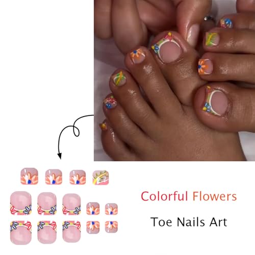 Flowers French Tip Short Square Press-On Toenails with Floral Design for Women