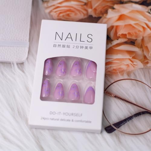 30 Pcs Purple Flower French Tip Press On Nails - Acrylic Almond Shape