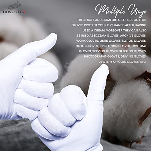 DOVORTEX 24 Pcs White Cotton Gloves - Soft, Washable, Perfect for Dry Hands & Inspections