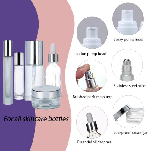 Silver-Transparent Glass Travel Bottles Set - TSA Approved Leak-Proof Toiletry Containers, 18 Pack