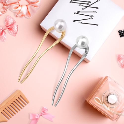French Pearl Hair Pins 2pcs, Metal U-Shape Hair Clips for Women, Gold & Silver
