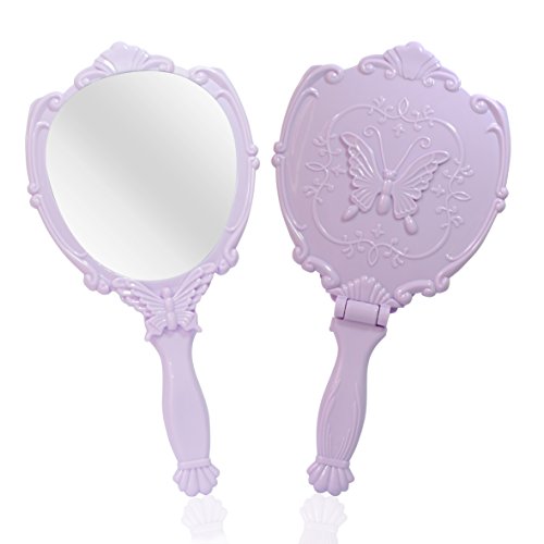 VrHere MirriM Butterfly Embossed Handheld Mirror with Folding Handle - Princess Style Girls Mirror, Travel & Makeup
