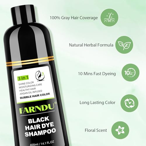 Farndu Black Hair Dye Shampoo for Gray Coverage - 100% Herbal Formula