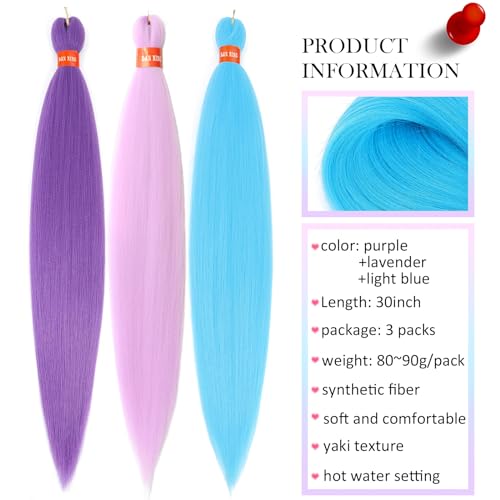 DAN NING 30 Inch Colorful Pre Stretched Braiding Hair Extensions - 3 Packs, Yaki Texture, Festival Style (Light Blue, Purple, Lavender)
