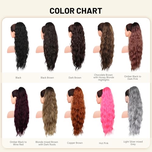 LEEONS 26 Inch Black Wavy Drawstring Ponytail Extension for Women