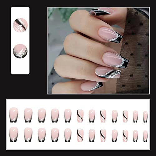 LRKNNO LM2 French Tip Press-On Nails Medium Square with Silver Glitter Line - Glossy Coffin Fake Nails for Women 24Pcs