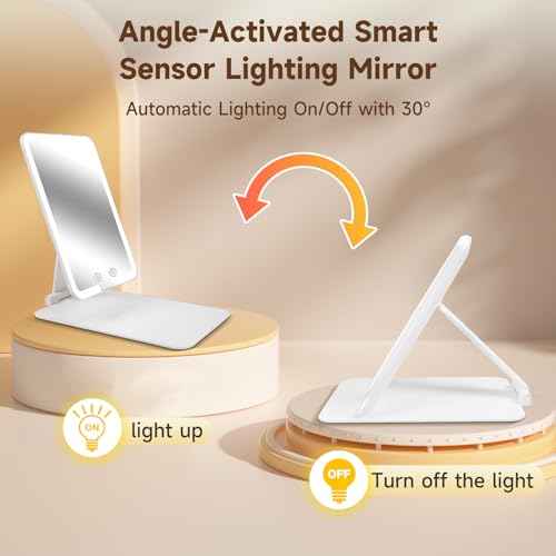 AtAstra Foldable LED Makeup Mirror with Smart Sensor - Standard Travel Vanity with 3 Light Modes