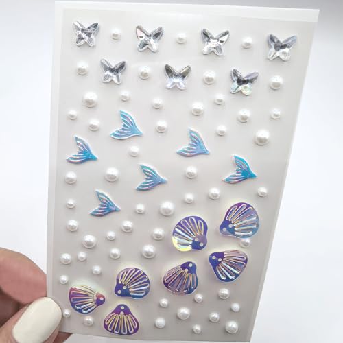 WIWUFUE Mermaid-Blue Face Gems & Seashell Rhinestones - Waterproof Self-Adhesive Body Art for Festival, Rave & Cosplay