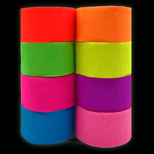 Glow Crepe Paper Streamers - 8 Rolls UV Reactive Neon Party Decorations