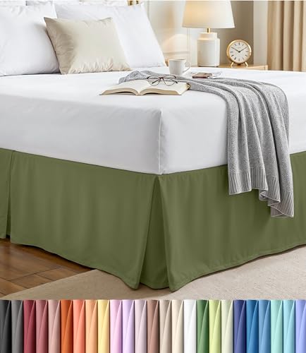 King Bed Skirt, 16-Inch Drop, Olive Microfiber, Pleated Design