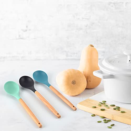 3-Piece Silicone Mixing Spoons Set with Wooden Handles - Heat-Resistant