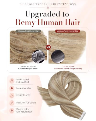 Moresoo Tape-in Hair Extensions Beige Blonde 12in 20pcs 30g with Light Brown Highlighted Platinum – Variation #1-9AP60
