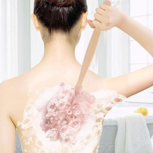 Pink Loofah with Handle - Cute Exfoliating Shower Sponge & Bath Brush for Women & Girls