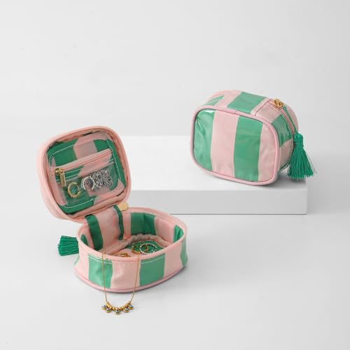 Travel Jewelry Case - Compact Pink & Green Organizer with Tassels