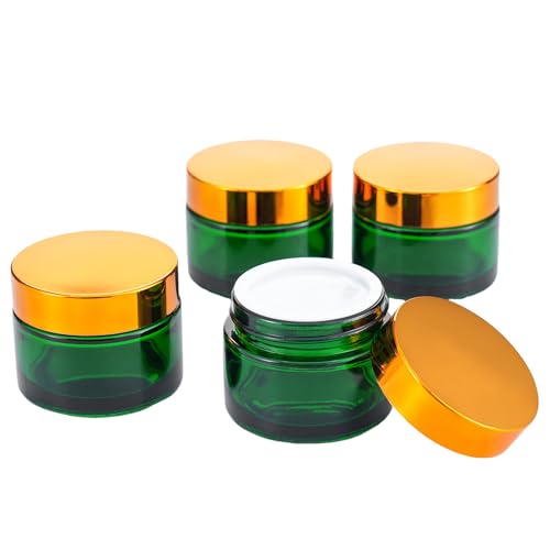OverNews 4PCS Green Travel Size Glass Cosmetic Jars with Black Lids & Spatulas
