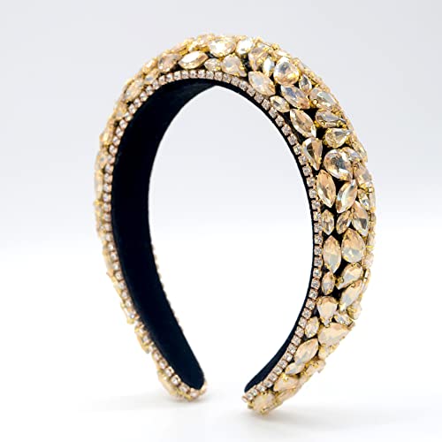 LEEMASING Gold Rhinestone Headband Bling Padded Baroque Hair Accessory for Weddings & Parties