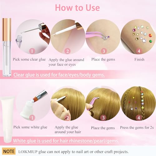 LOIKMIUP Gems with Pearl - Half Round Nail & Face Rhinestones with Makeup Glue, Festival & Party Face Gems