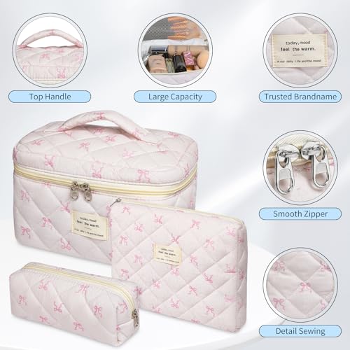 senbowe Light Pink Bow Floral Makeup Bag Set – 3 Sizes Cosmetic Organizer for Women