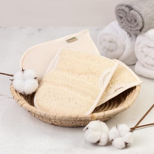 Cottegy Premium Exfoliating Loofah Gloves – 2-Pack Natural Egyptian Loufa Back Scrubbers with Left & Right Thumb Holes
