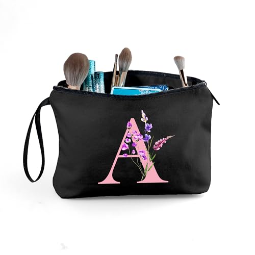 SEAMOON Personalized Initial Makeup Bag for Women with Mirror – Black, A