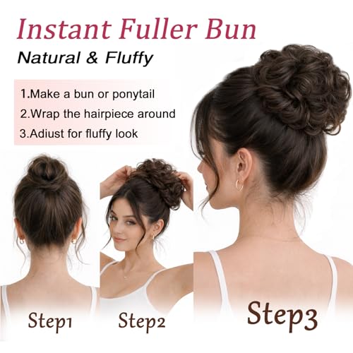 MORICA Messy Bun Hair Piece Curly Fake Hair Bun Scrunchies Extensions Synthetic Chignon Updo Hairpieces for Women Dark Brown