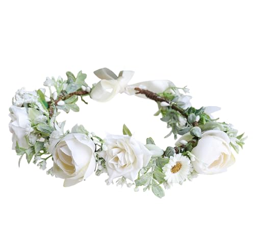 White Flower Crown Rose Floral Headband for Weddings and Parties - Adjustable Headpiece