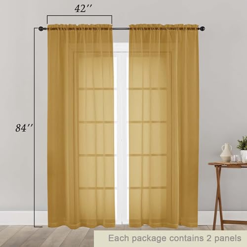 Gold Sheer Curtains - 84 Inch Long Light Filtering Drapes, Set of 2