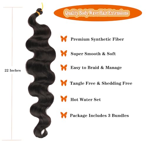 22 Inch Body Wave Hair Extensions - 3 Bundles Synthetic Brown Black