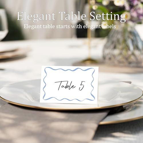 Blue Wavy Place Cards - 25 Pack Watercolor Table Tent Cards
