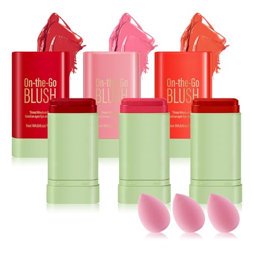PPPanYiDi 3PCS Multi-Use Cream Blush Stick Set with Sponges - Natural, Hydrating & Long-Lasting for Cheeks, Eyes, Lips (Variation 001)