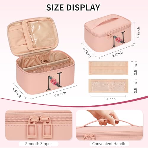 Personalized Initial Makeup Bag - Pink Travel Organizer with Brush Holder