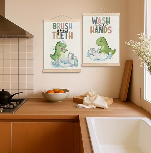 Dinosaur Bathroom Wall Art Set of 2 - Cute Canvas Prints 12x16