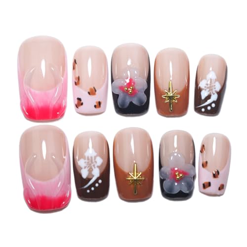 Reusable Handmade Medium Square Press-On Nails O901 / M - Salon Quality, French Tip & 3D Decor