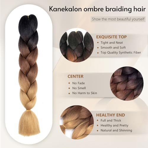 SHUOHAN 24 Inch Jumbo Braiding Hair Extensions - Black to Purple to Rose (6 Pack)