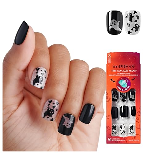 KISS imPRESS Halloween Press On Nails - Glow-in-the-Dark Black Squoval
