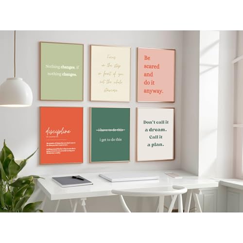 Motivational Wall Art Prints - Set of 6 Inspirational Quotes, 8x10 Unframed Canvas for Office & Home Decor
