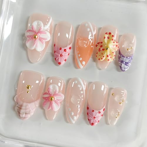 3D Floral Almond Press on Nails - Medium Length French Tip Style 3